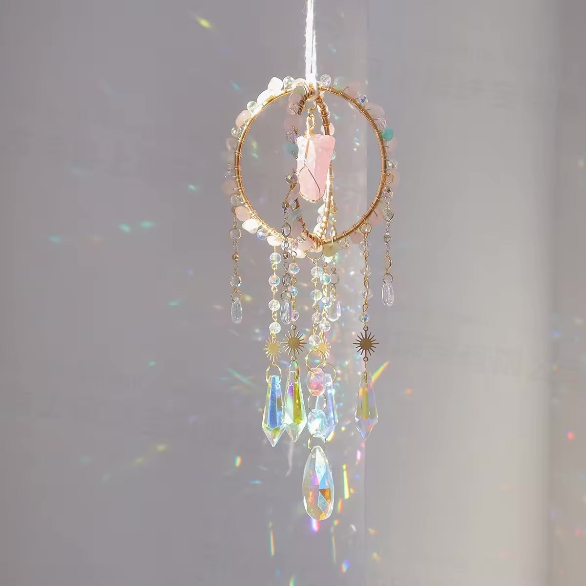 Ring Suncatcher with Natural Rose Quartz Crystals